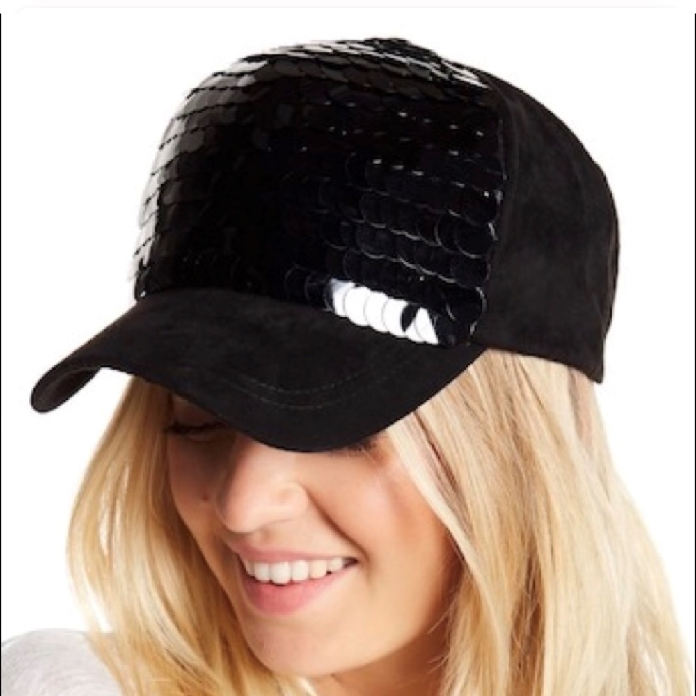 David & Young Sequin and Suede Baseball Cap Black